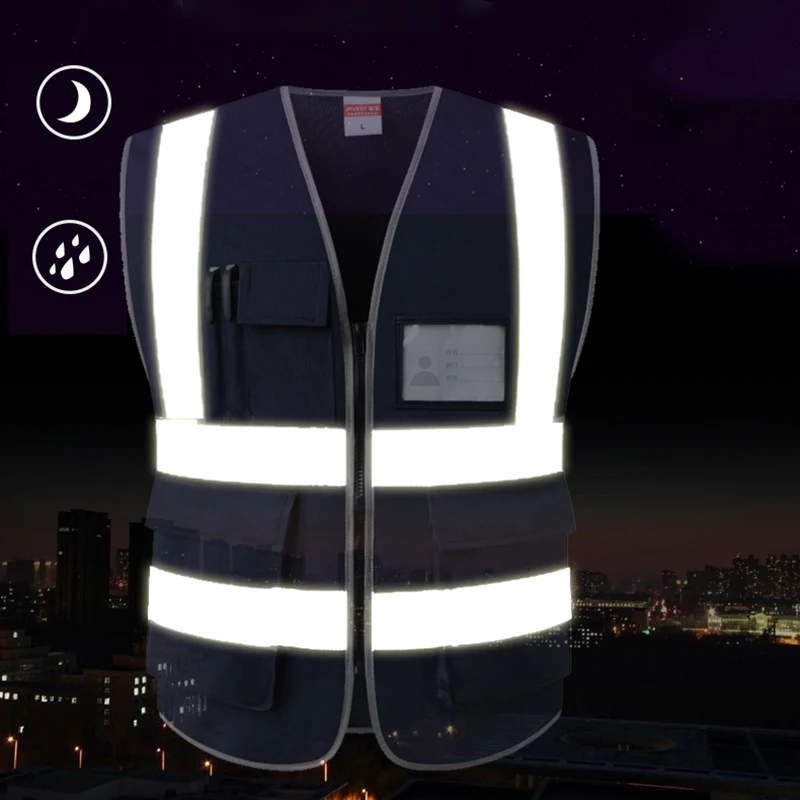 Navy Blue High Visibility Reflective Safety Vest for Construction Working Vest Men Workwear with Multi Pockets Night Warning