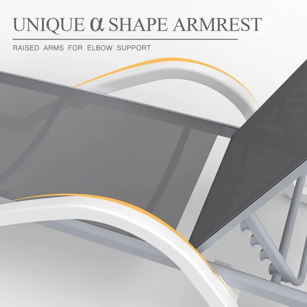 Zestaw 3 leżaków Patio, aluminiowy fotel do opalania na zewnątrz z polipropylenu z regulowanym oparciem, ramieniem, stolikiem bocznym