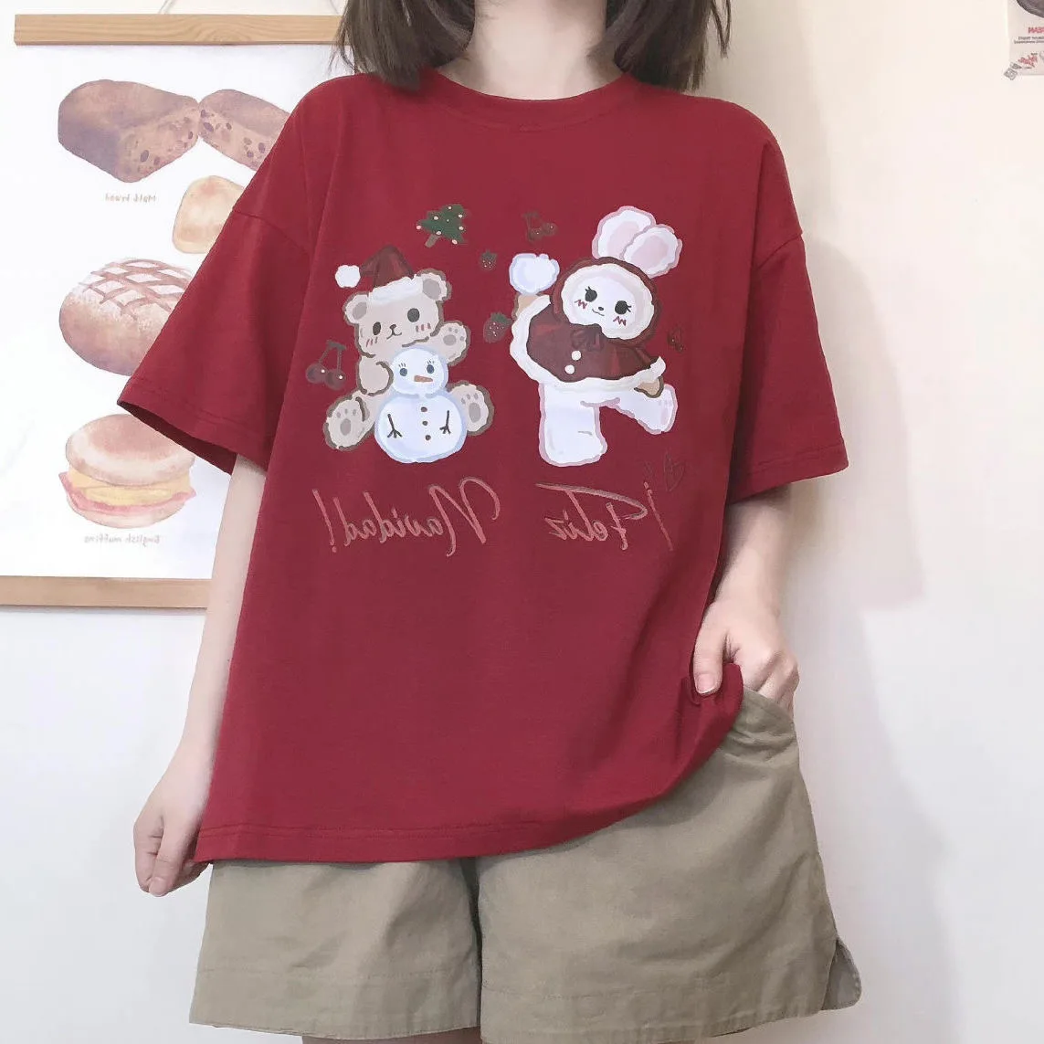 Japan Cartoon Print  Women Y2K Casual Tshirt Sweet Cute Bear Summer T shirt ForLoose Short Sleeve Tops JK Girls Oversized Tee