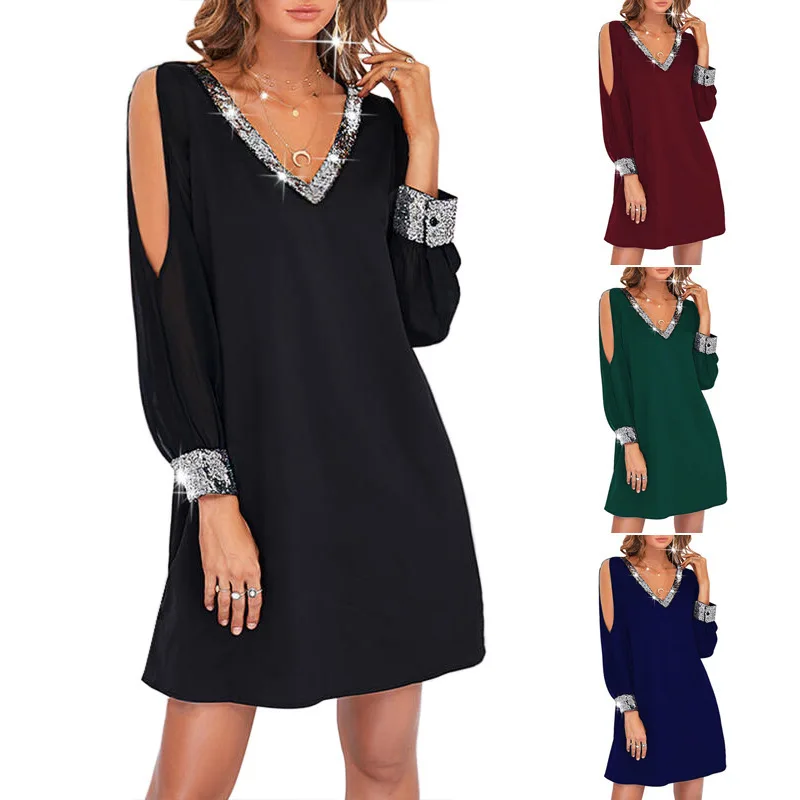 Contrasting Colors, Splicing, Sequined Chiffon Off-the-shoulder Dress In 4 Colors