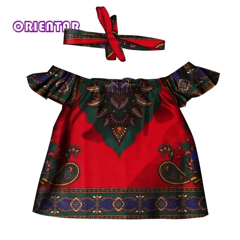 

Cute African Clothes for Baby Girls African Printed Slash Neck Shirt Tops with Headband Kids Girl Bazin Riche Cotton Tops WYT328