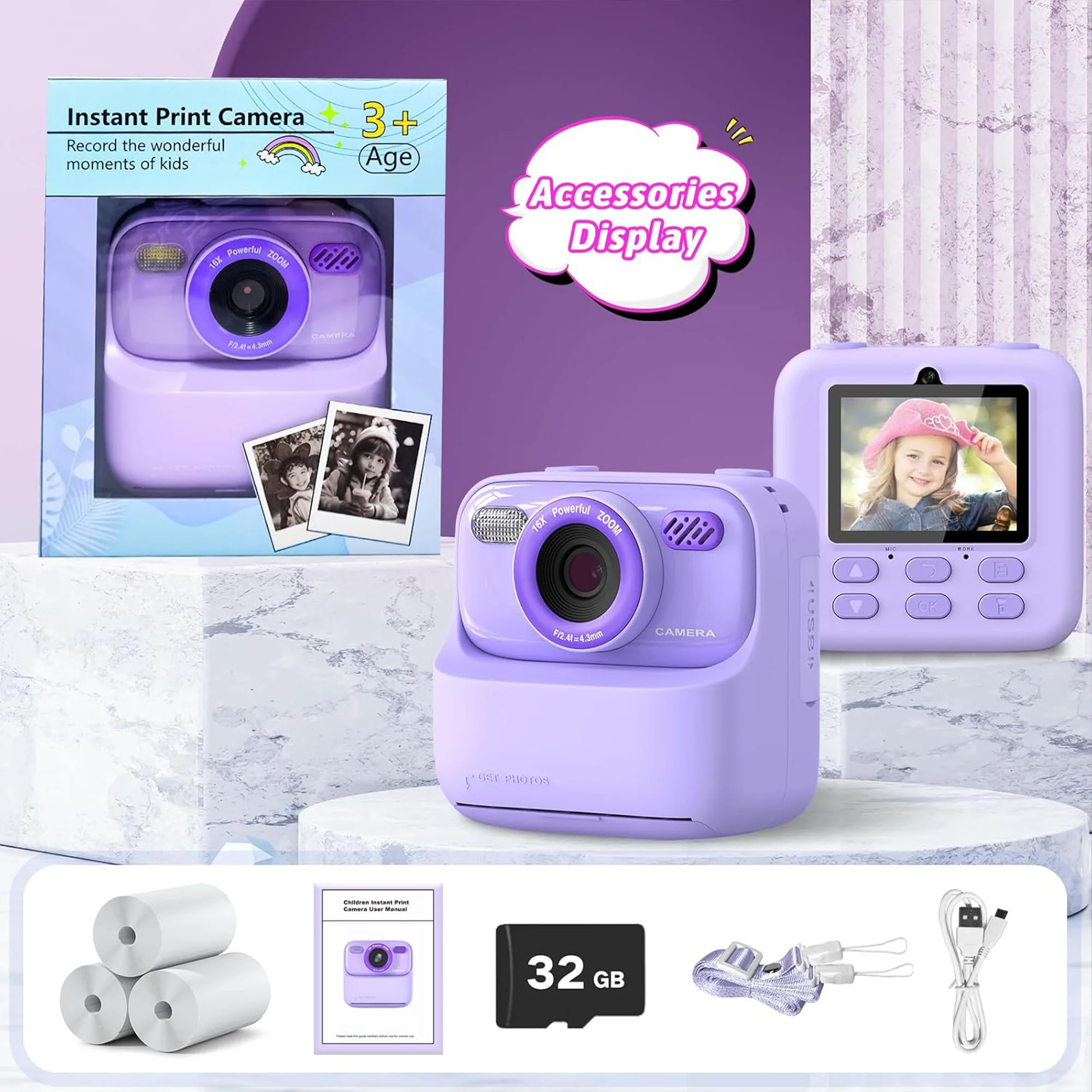 Instant Print-camera voor kinderen, 48 MP Ultra HD 16X zoom 1080P videocamera met dubbele lens en 20 frames, 5 filters,
