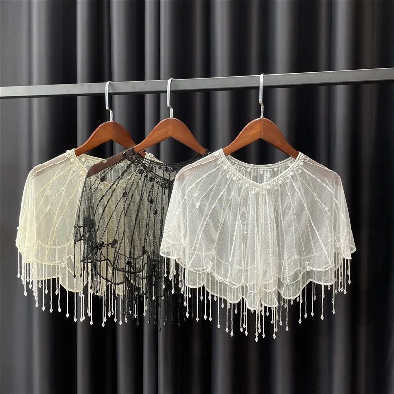 

Handmade Shawl Wraps Retro 1920s Luxurious Beaded Tassel Shawl Vintage Flapper Evening Cape Sheer Mesh Vertical Bar Bolero Party