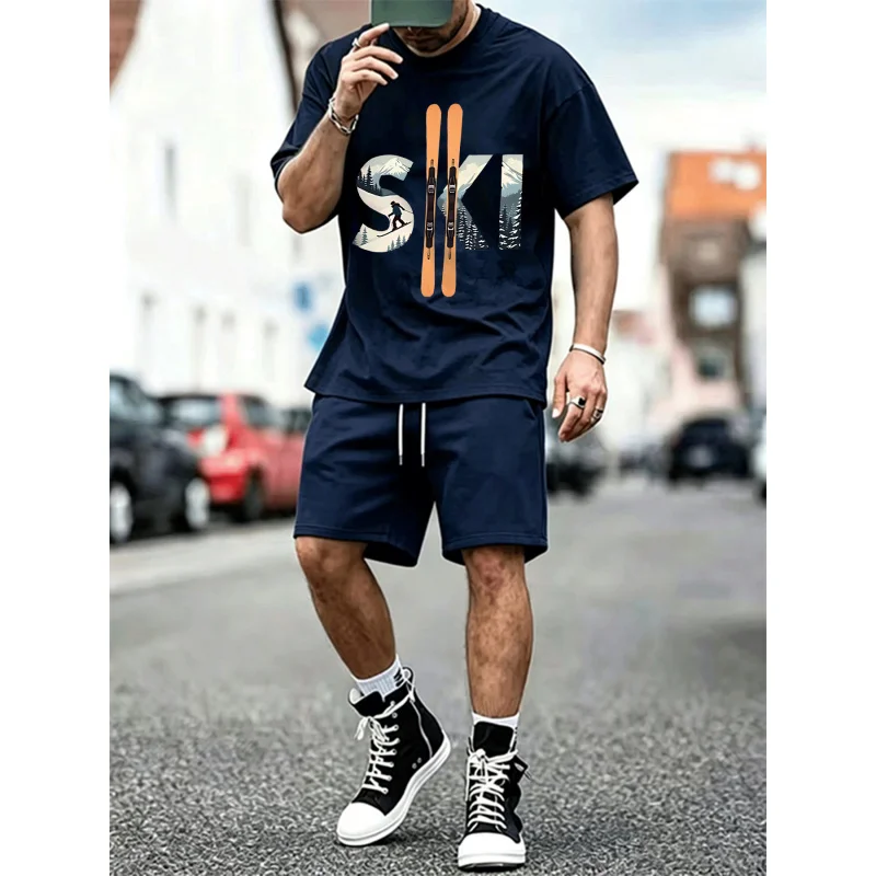 

Men's Ski Print T-Shirt & Mesh Shorts Set, Casual 2-Piece Outfit, Summer Streetwear, EU Size Available