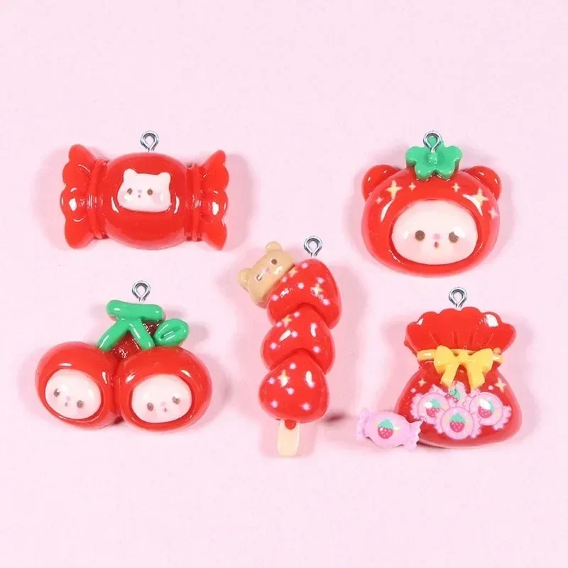 10Pcs Kawaii Strawberry Cherry Candy Resin Charms Cute Fruit Candy Pendants DIY Handcraft Findings For Earrings Necklaces