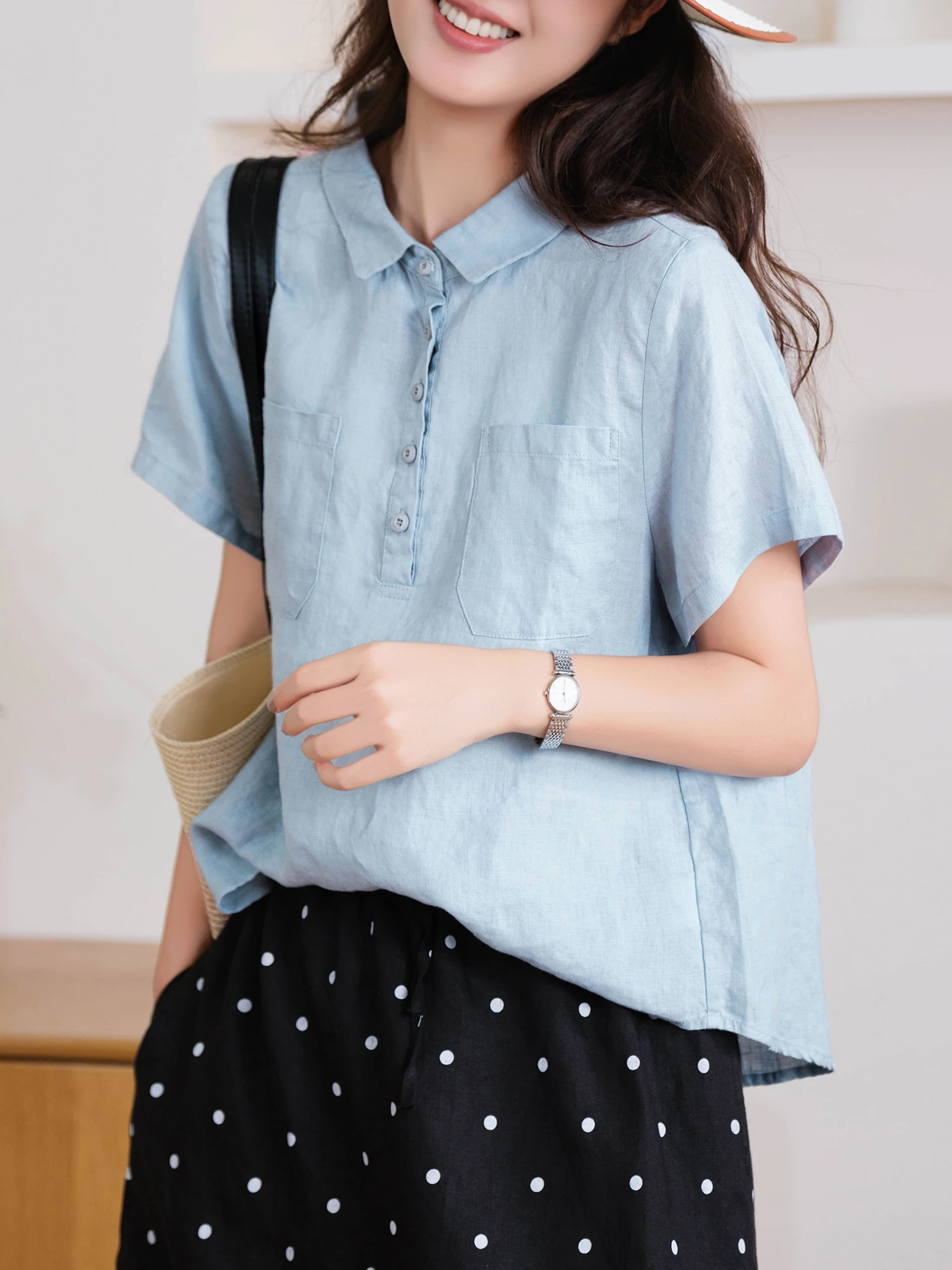 Loose Comfortable Short Sleeve T-Shirt Linen 100 Half Open Front Double Patch Pocket Casual Style Women's Summer Top