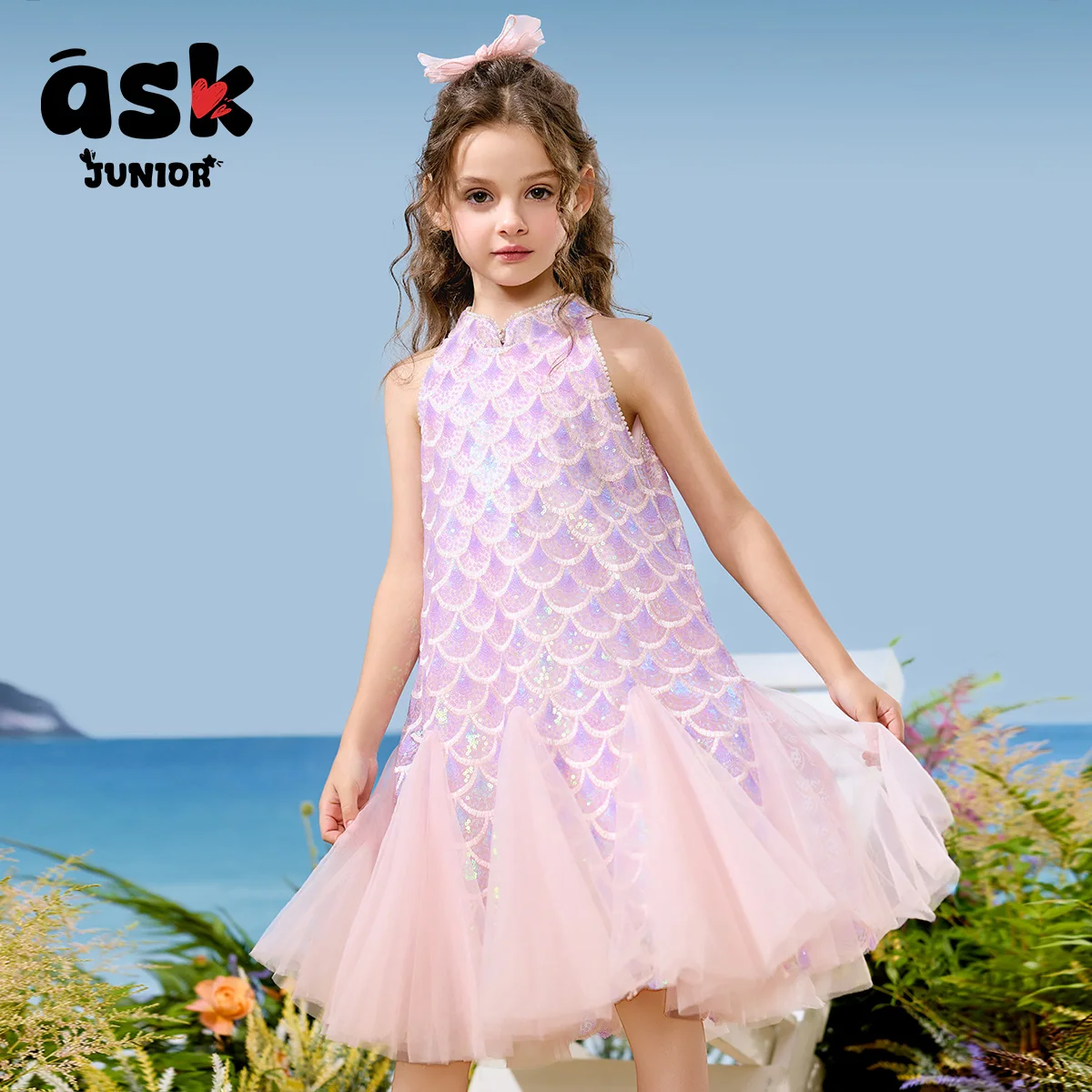 فستان الأميرة حورية البحر بدون أكمام شبكي متباين بالترتر الأرجواني للفتيات الصيفي للأطفال