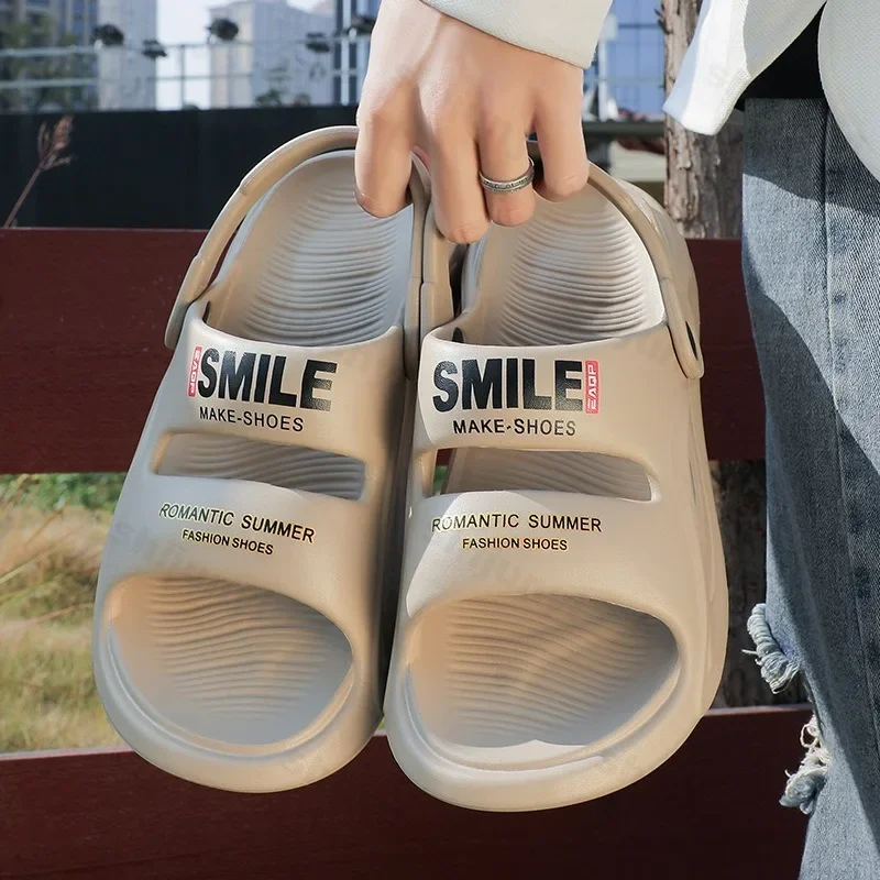 

Летние мужские тапочки 2025, модные нескользящие износостойкие мягкие пляжные сандалии, уличные тапочки из ЭВА на толстой подошве, шлепанцы для ванной комнаты