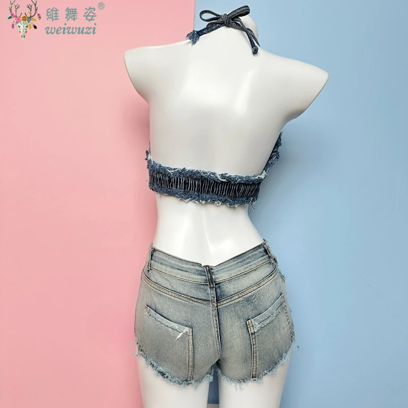 Conjuntos de Bikini vaquero con cordones para mujer, pantalones cortos vaqueros nuevos, traje de baño, Top de vaquero, juego en la playa, Bar, club nocturno, DJ, baile en barra, uniforme DS