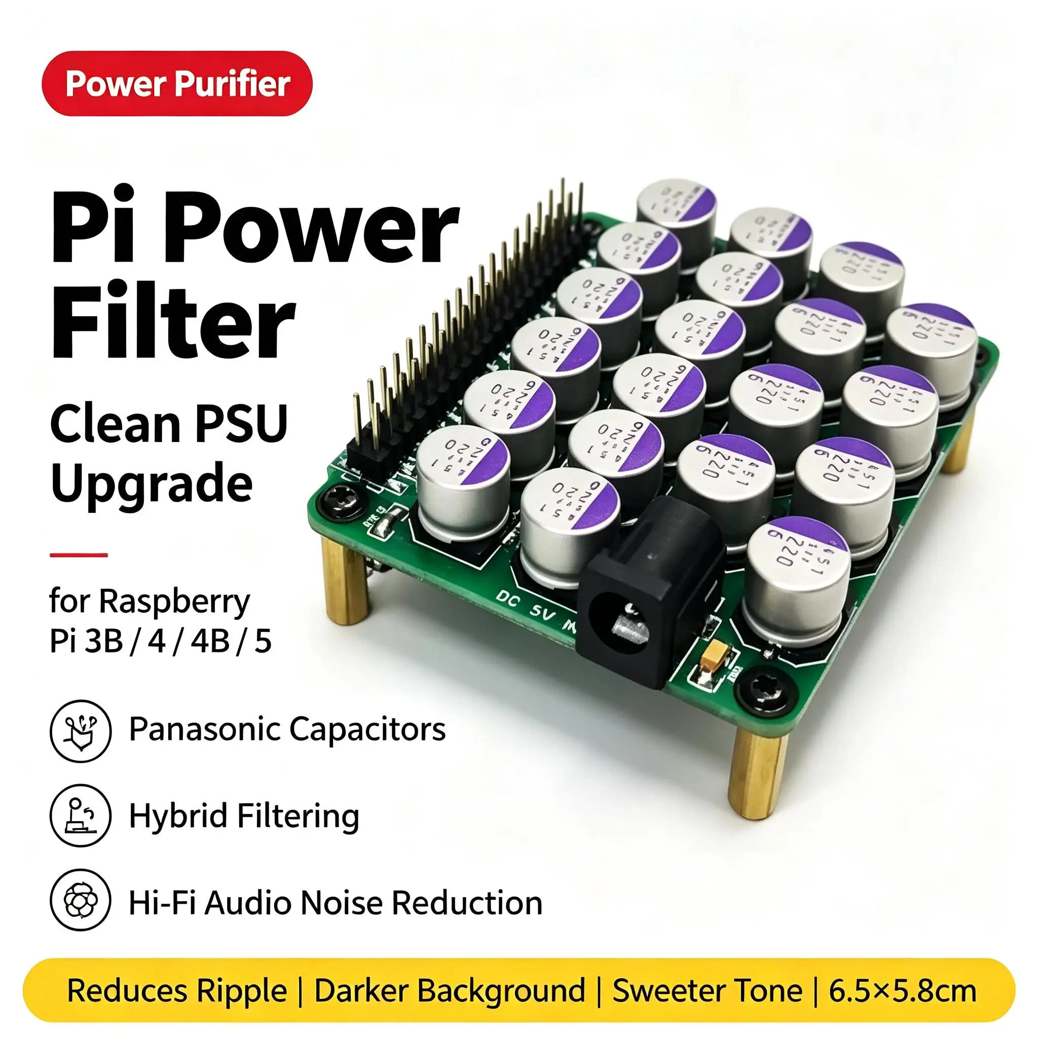 DYKB Panasonic Solid Capacitor Multi-Parallel Array Power Purifier Filter Board Raspberry Pi 5 4B 3B+ Hybrid HiFi Audio Noise