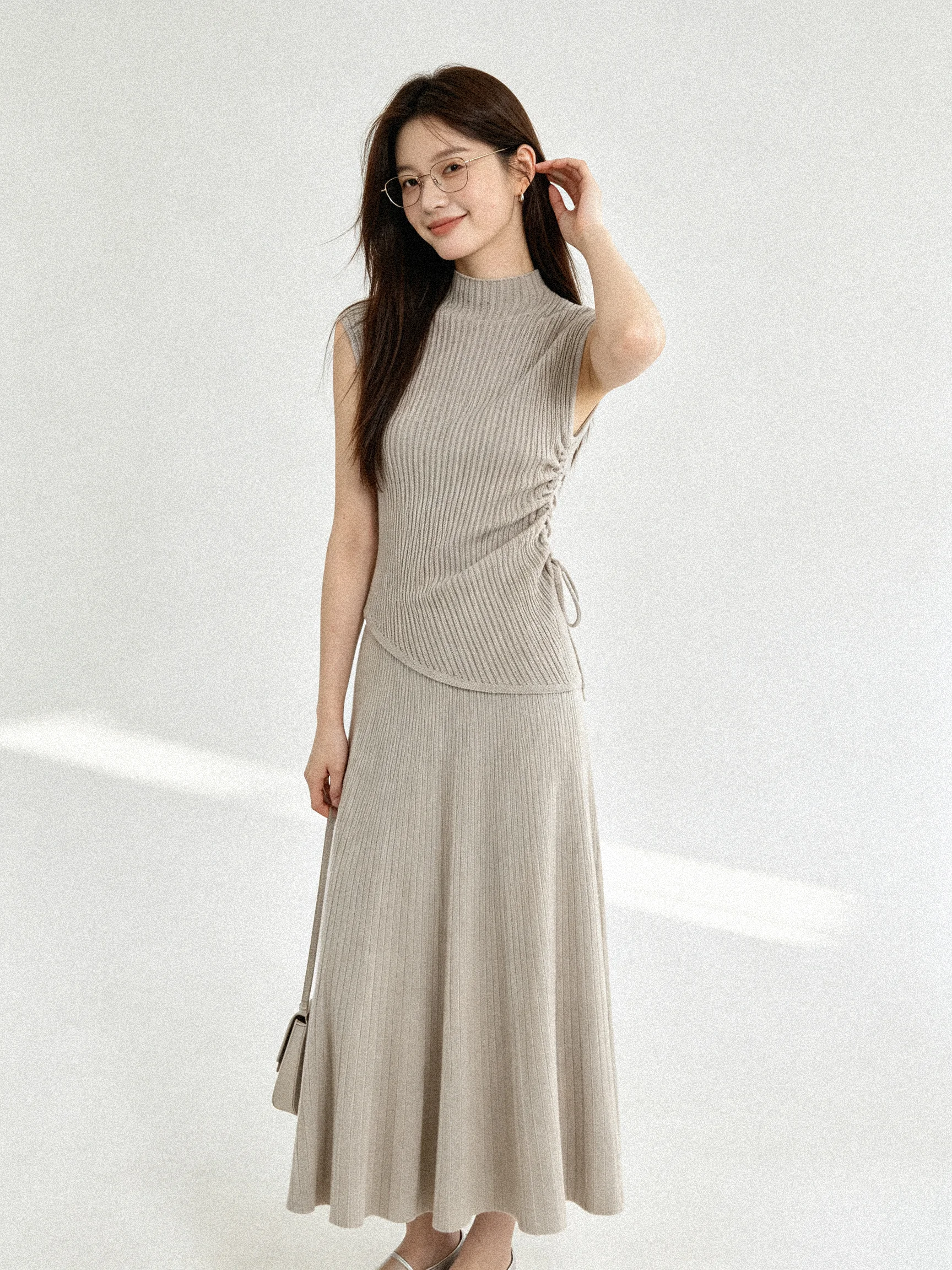 Early Autumn High Waist Knitted Vest Women's Drawstring Sleeveless Korean Style Fashion Set with Half Skirt Two-Piece Set