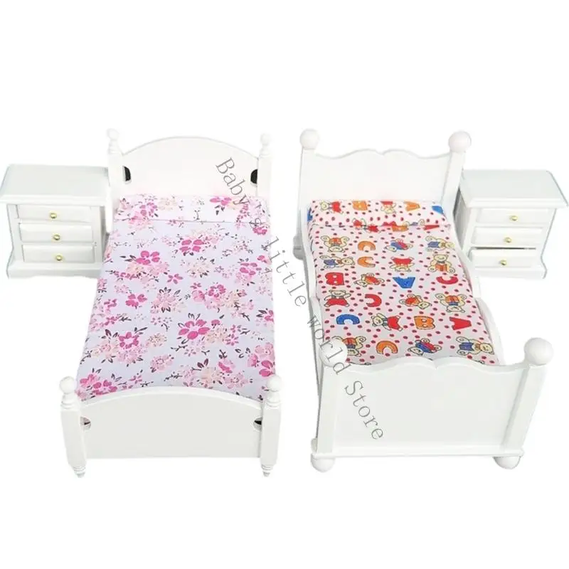 

1/12 кукольный домик, комплект мебели для спальни, деревянная миниатюрная кровать, тумбочка, фигурка для творческих детей, для