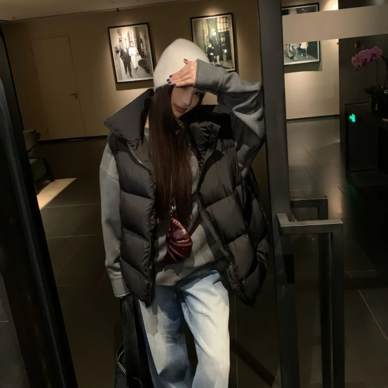 Autumn Winter Short Down Cotton Waistcoat Women 2025 New Fashion Loose Casual Cotton Jacket Pure Colour Zipper Outerwear Female