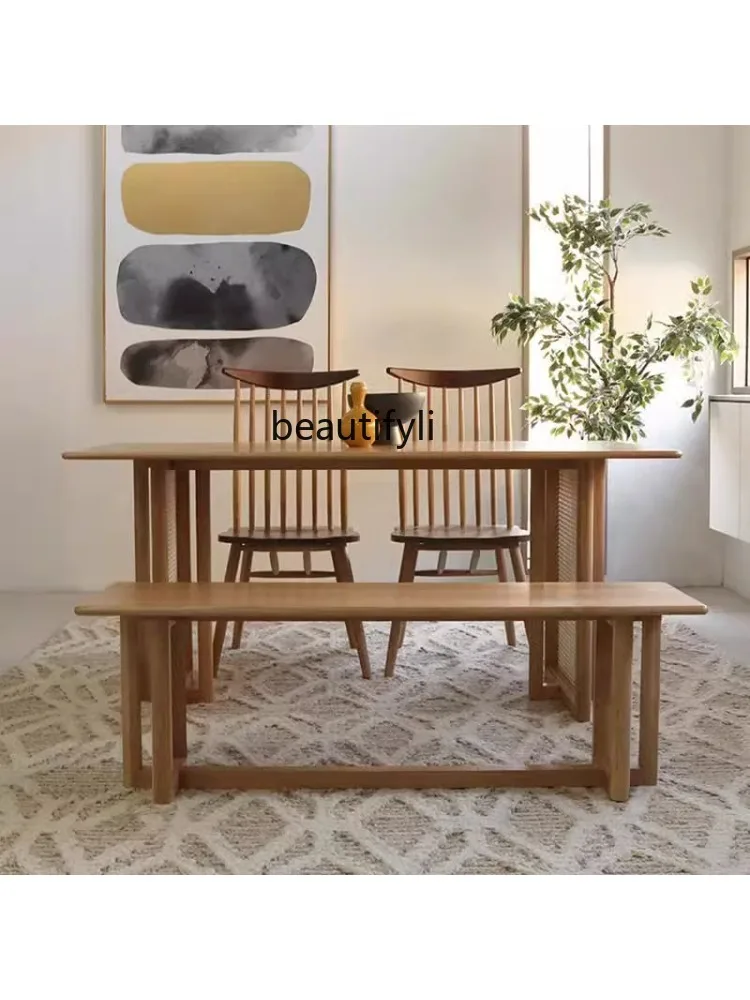 Yunji Style Rattan Woven Solid Wood Dining Tables and Chairs Set Household Modern Simple reakfast White Wax Wood  Dining Table