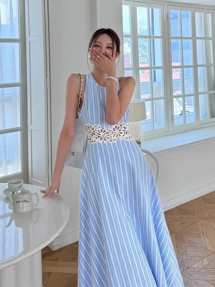 Liangliang été nouveau Sle femmes Dr évider dentelle épissage rayures Svel gilet Long Dr taille haute Version coréenne