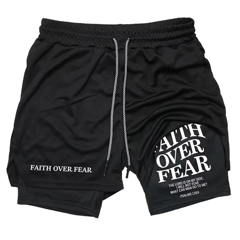 Print 2-in-1 Running Workout Shorts for Men Christian Gym Athletic Performance Shorts with Pocket Towel Loop Activewear JW056