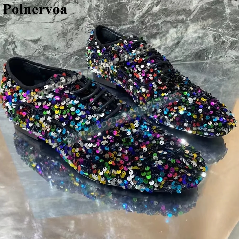 Runway Sparkling Sequins Cross Tied Men Pumps Flats Party Shoes For Men Slip On Handmade Fashionable Catwalk Trending Men Boots