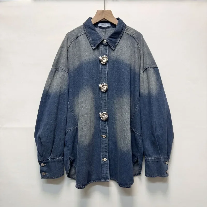 Vintage Big Button Loose Casual Jean Shirt Autumn Winter Streetwear Top Women Oversized Denim Shirt, Gradient Long Sleeve Blouse