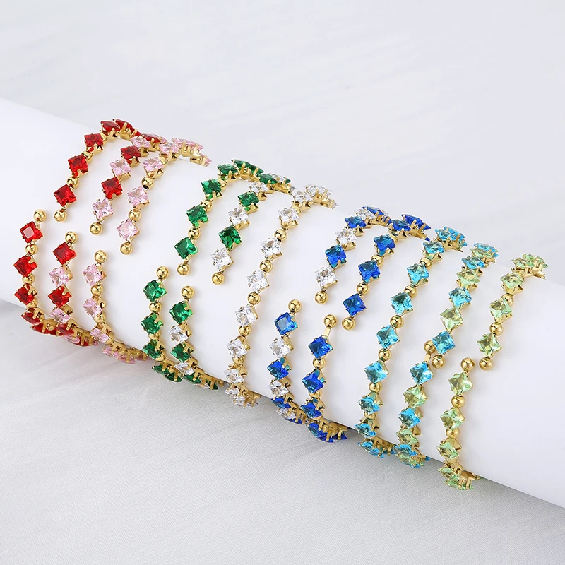 Muticolor Square Rhinestone Crystal Bangle For Women French Luxury Stainless Steel Cuff Bracelet Female Jewelry Wholesale