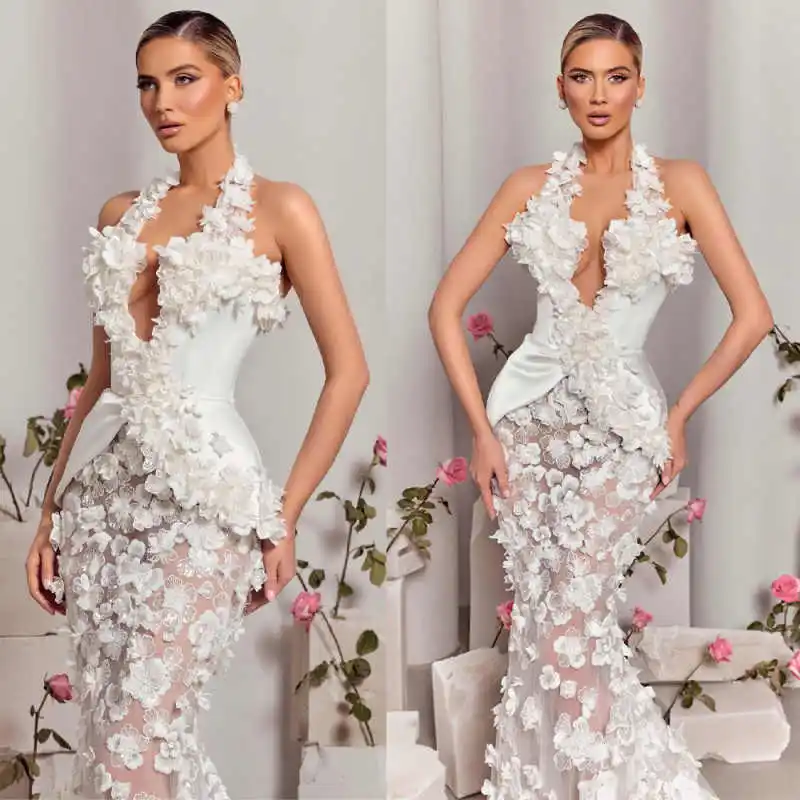 Exquisitos vestidos de novia estilo sirena sin mangas con apliques florales, vestido de fiesta de encaje hasta el suelo, Vestido De Noite personalizado
