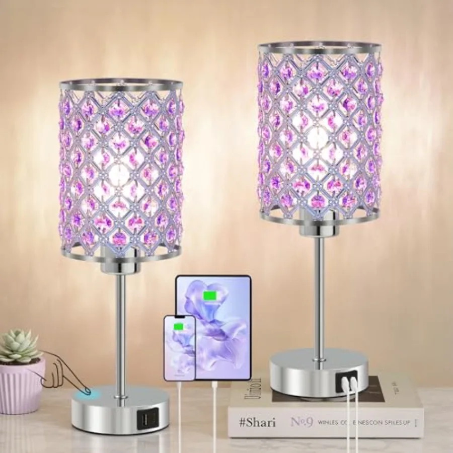 

Purple Crystal Table Lamps Set of 2 Dimmable Touch Control Bedside Lamps with USB C+A Ports Small Night Lights for Bedroom Livi