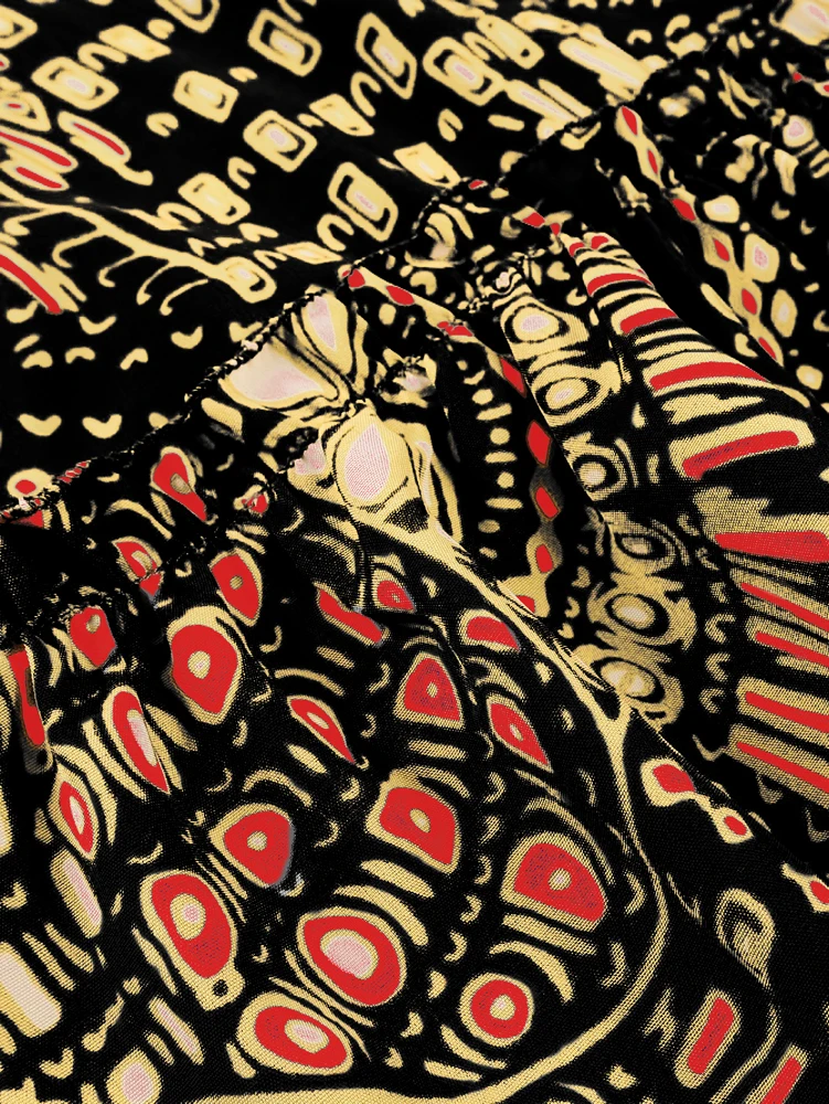 Plus-Size Elegant, Flattering Short-Sleeve Dress for Women—Black, Gold, and Red Paisley Print, Pleated Hem, Round Neckline view 6