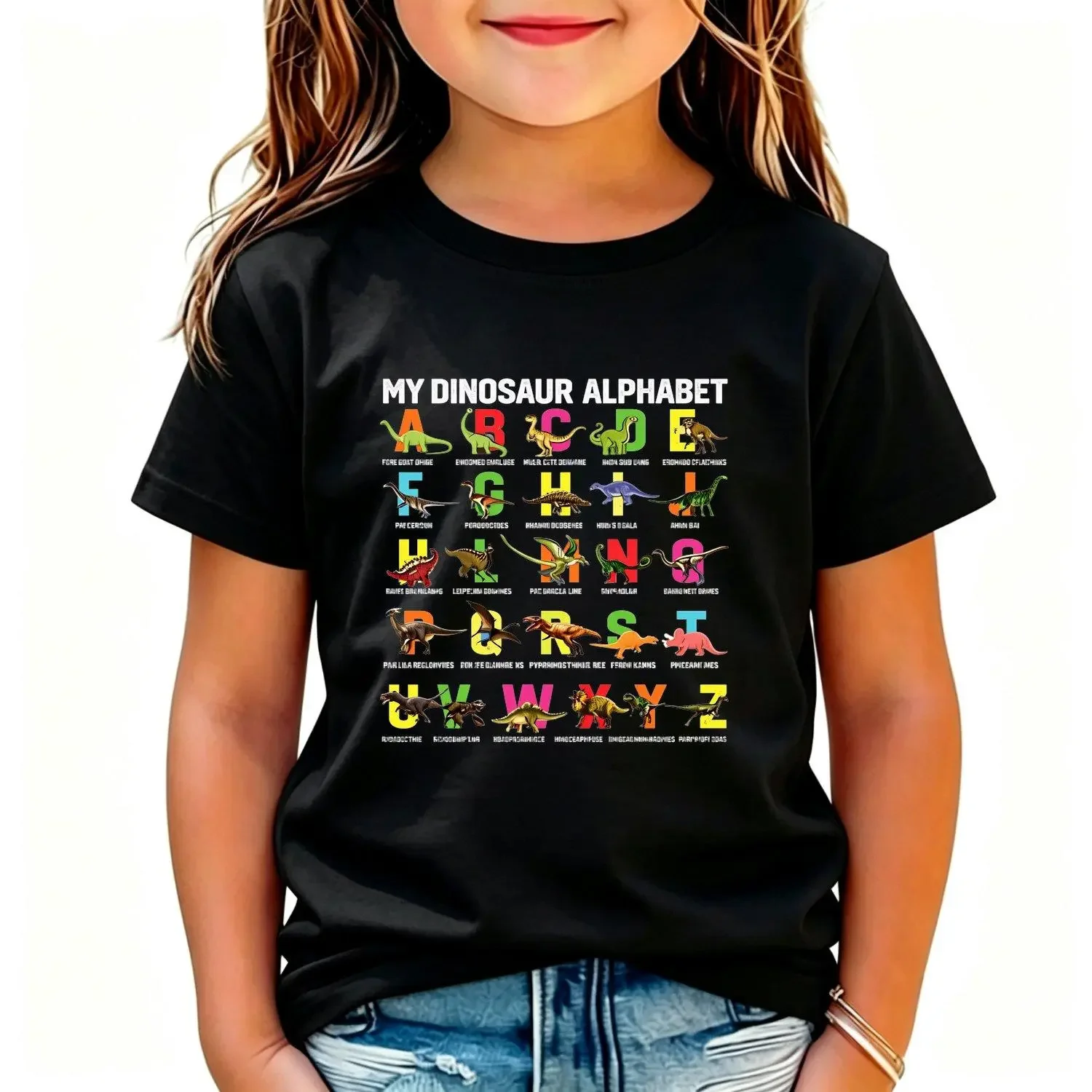 Girls T Shirts My Dinosaur Alphabet Dinosaur Letter Print Versatile Creative Crew Neck Tops Clothes Back to School Gifts for Girls Casual Stylish Tee Apparel