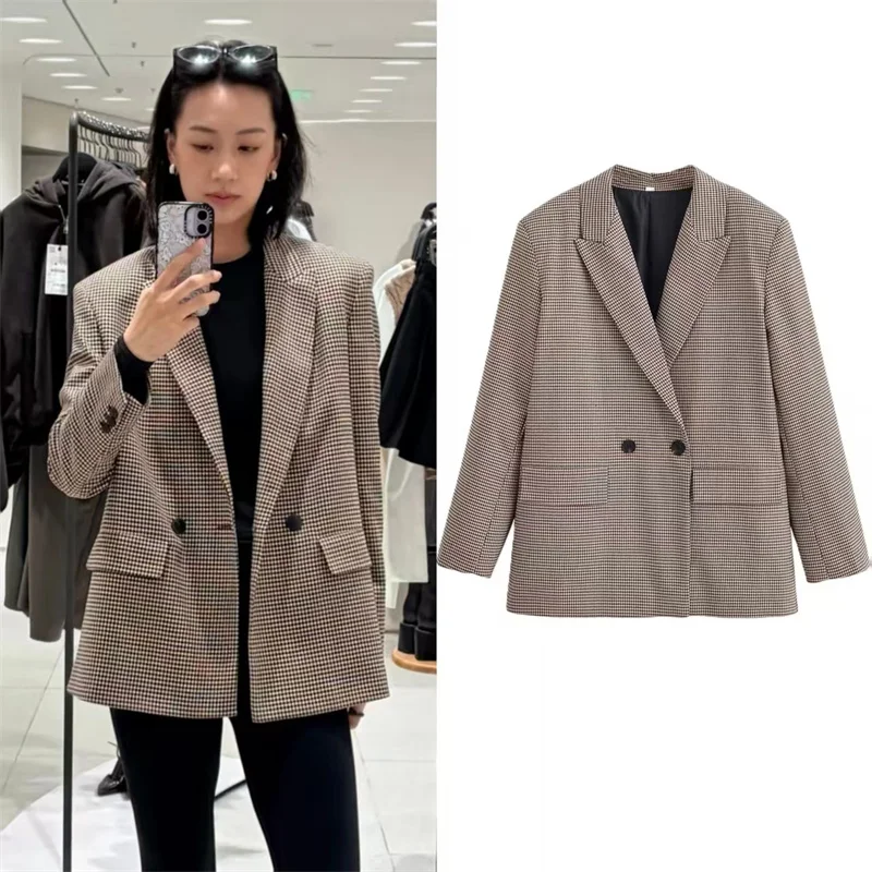 

Women's Casual Blaze Solid Texture Vintage Style Houndstooth Autumn and Winter Retro Minimalist Fashion Jacket