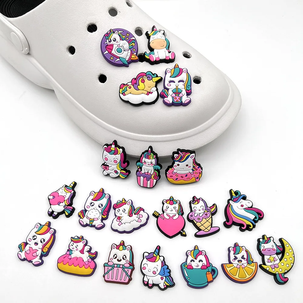 20pcs set Rainbow Unicorn Shoe Charms PVC Removable Clog Decor Cartoon Horse DIY Sandal Footwear Ornaments Party Gift