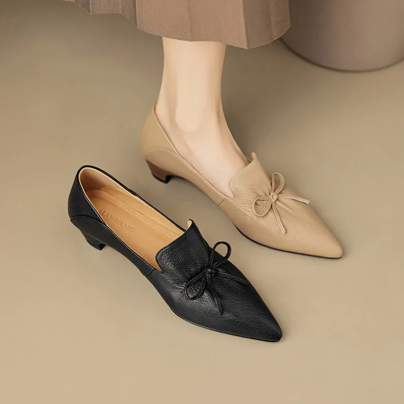 

Phoentin office lady elegant black shoes Women's pointed Toe mid Heels 2025 new Genuine leather retro pumps