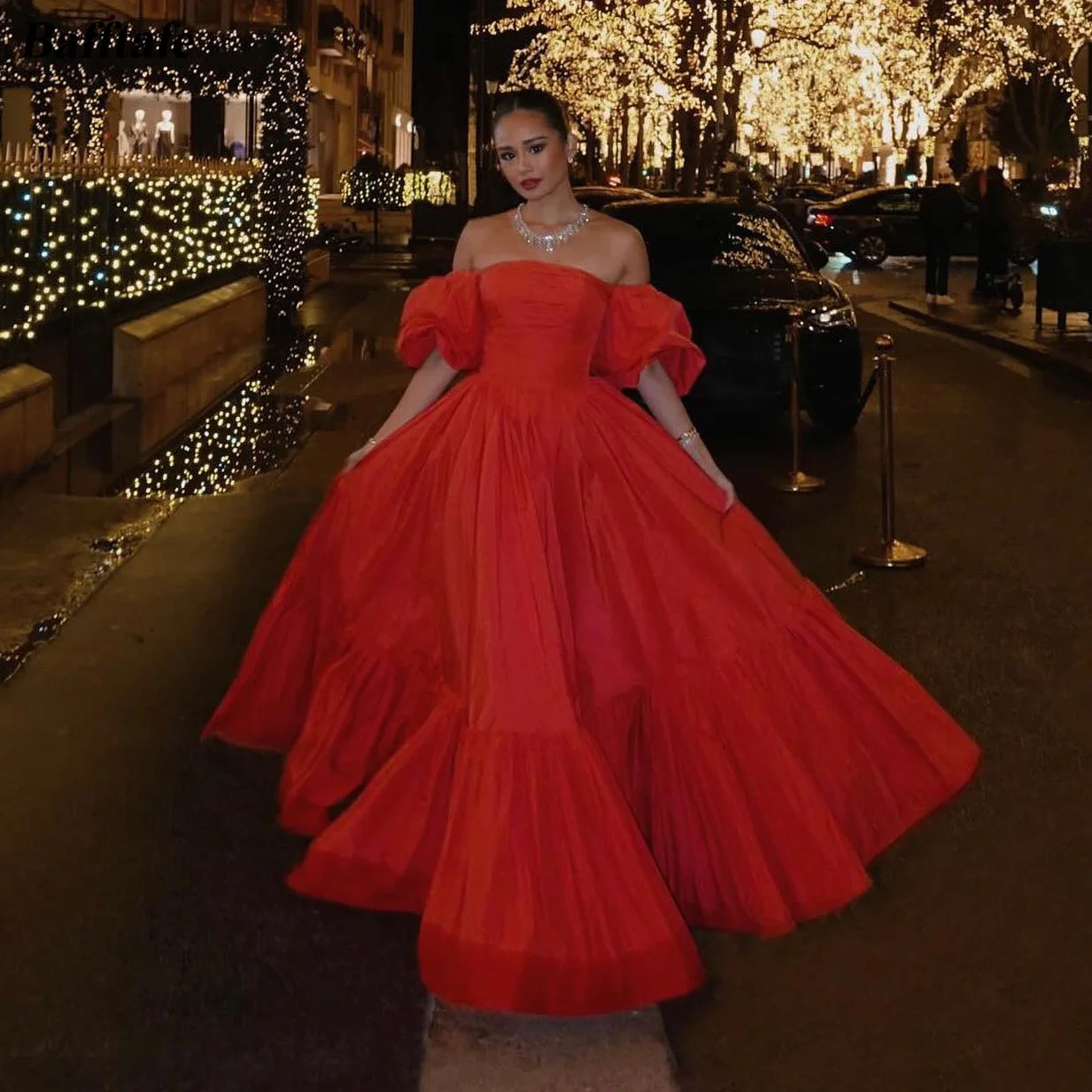 

Bafftafe A Line Taffeta Women Prom Dresses Short Sleeves Pleats Evening Party Dress Formal Occasion Wedding Engagement Gowns