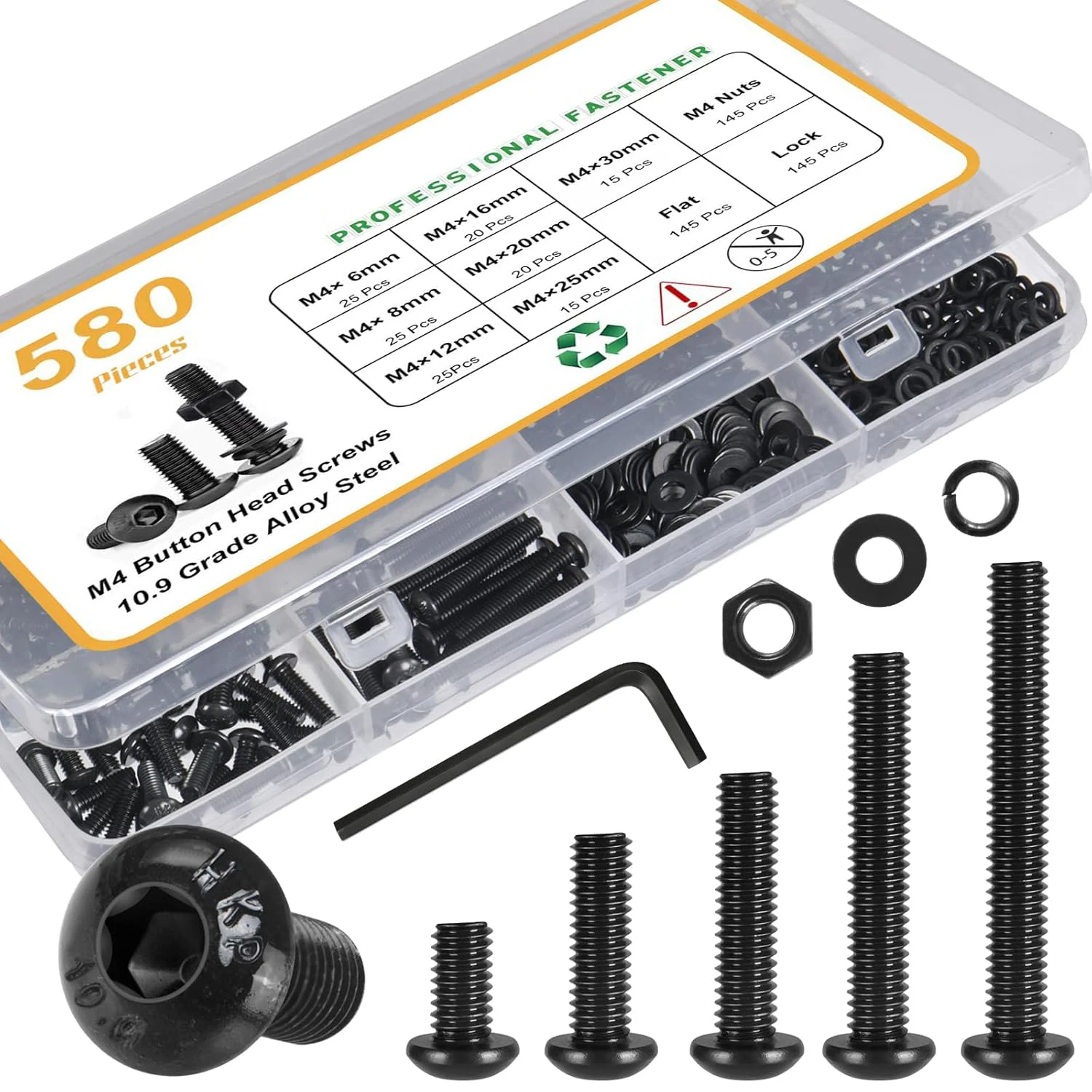 

580 sets of M4 screw kits, black M4 screw bolts, 6/8/12/16/20/25/30 mm metric button head screws with nuts, with washers, 10.9 g