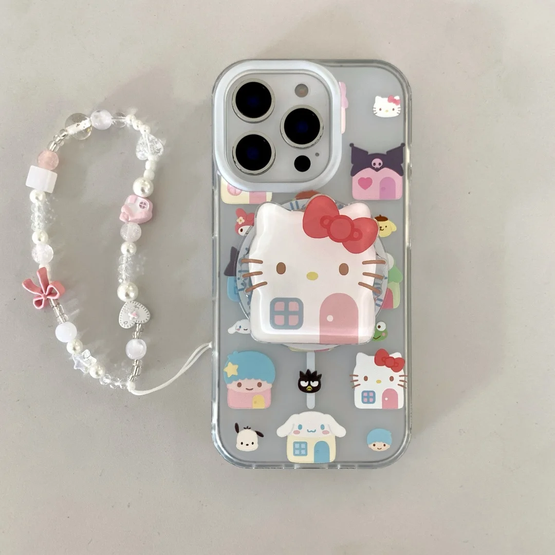 

Hello Kitty Cinnamon Magnetic Holder Magsafe Wireless Charge Phone Case For iPhone 12 13 14 15 16 Pro Max X XS Clear Cover﻿﻿