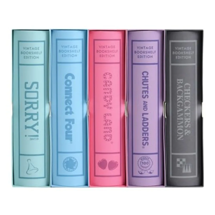 

Vintage Board Game Bookshelf Collection Featuring Classic Gameplay: Chutes and Ladders Checkers Backgammon Connect Four and Sor