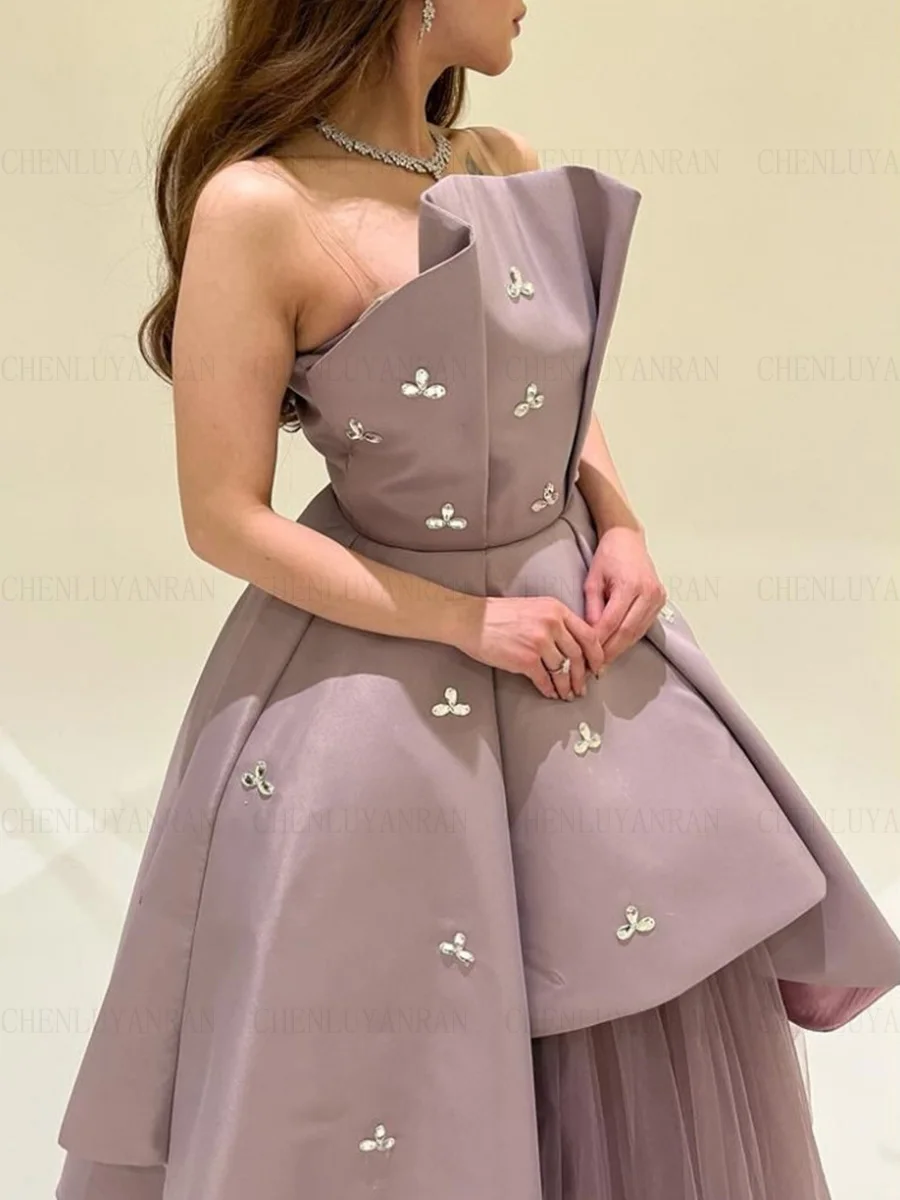 Strapless Satin Formal Occasion Dresses 2023 Beading A-line Long Ball Gowns Lace Up Elegant Evening Party Gowns فساتين الحفلات