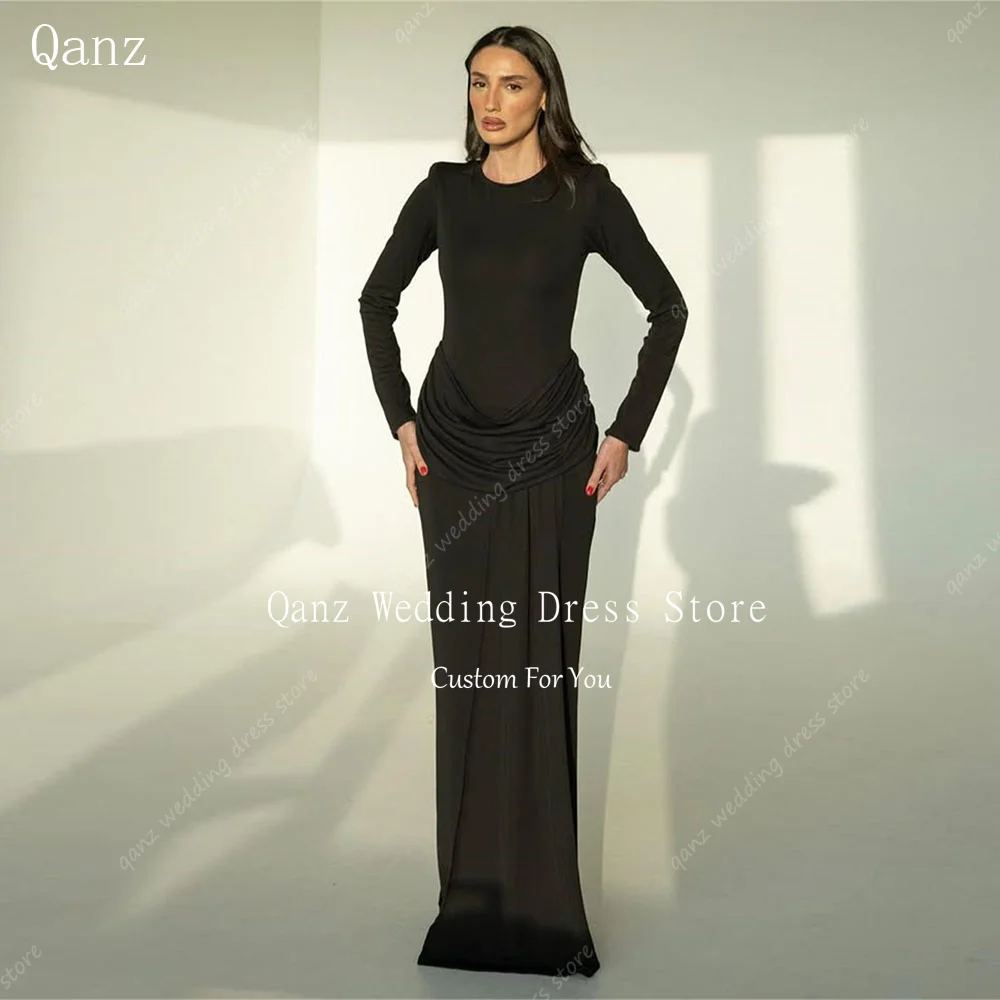 

Qanz Vintage Black Satin Evening Dress Long Sleeves O Neck Formal Dresses Woman Mermaid Slim Fitting Vestidos De Gala Customized
