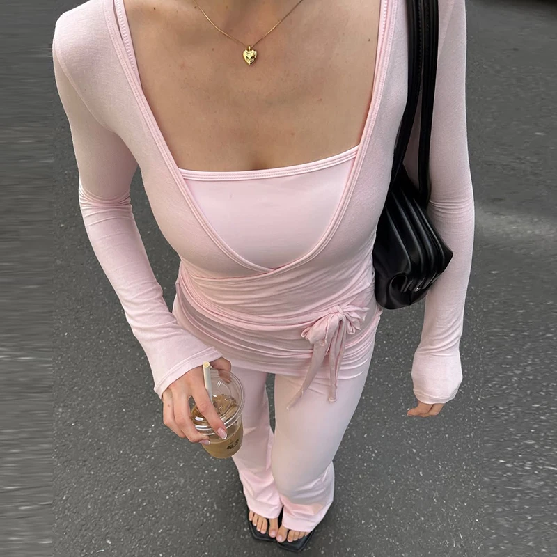 Conjunto deportivo de 2 piezas para Yoga para mujer, Tops cortos ajustados con lazo, camiseta + Pantalones de pierna ancha, trajes de entrenamiento elegantes para mujer