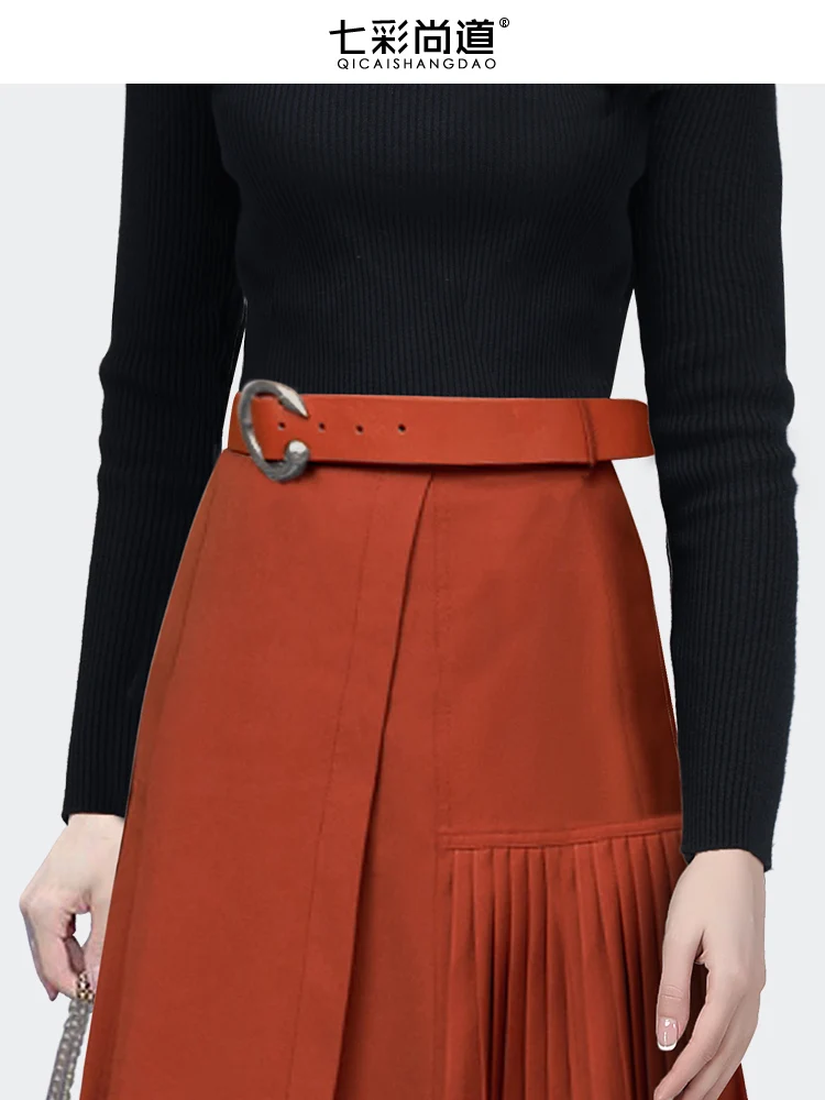 High Street Irregular Orange Pleated Skirt Women' HIgh Waist A-line Patchwork Design Mid-length Skirts 2023 Spring Summer Skirts