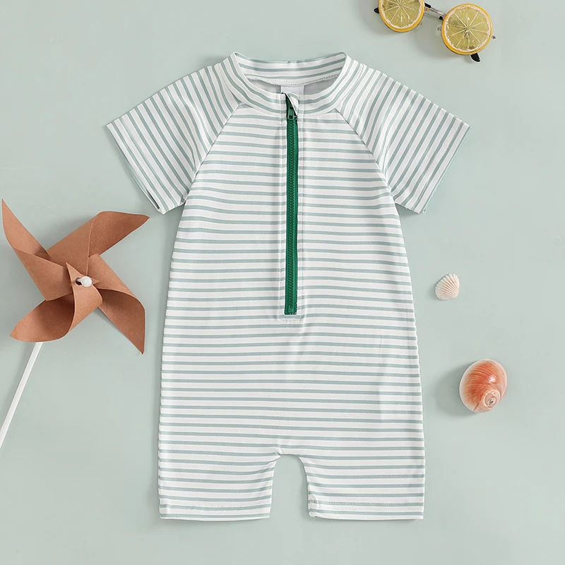 

0-3T Baby Boys Rash Guard Short Sleeve Striped Zipper Closure Swimsuit Jumpsuit Toddlers Summer Swimwear