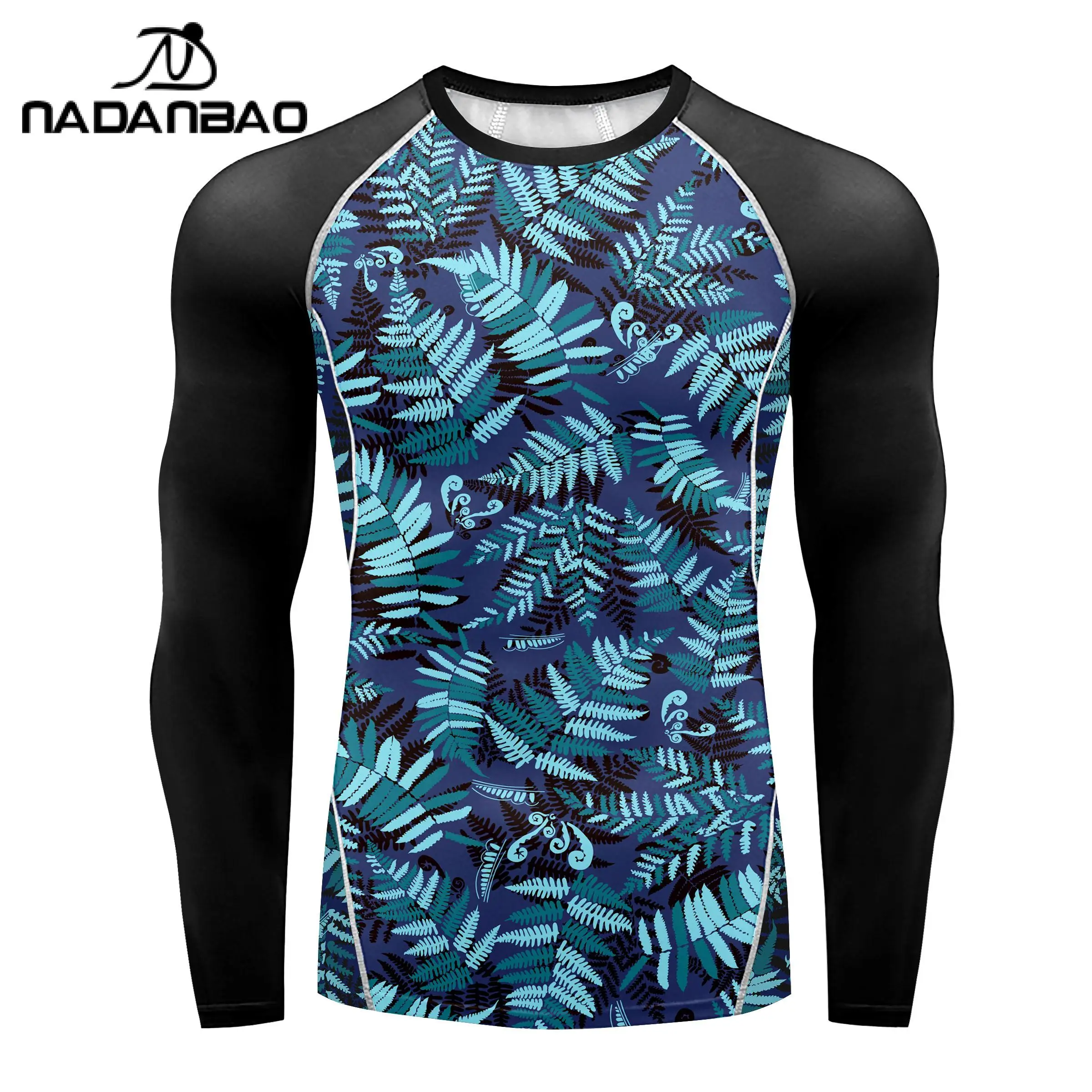 Nadanbao Men\'s Swimwear Gym Top Blue Water Printing Swimsuits Party Long Sleeve Beachwear Summer Fitness T-Shirt Surfing Clothes