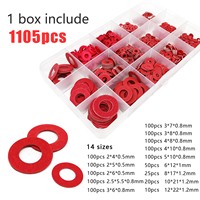415/1105pcs M2 M2.5 M3 M4 M5 M6 M8 M10 M12 Red Steel Paper Flat Washer Plain Insulated Gasket Ring Pad Assortment Kit Set Box
