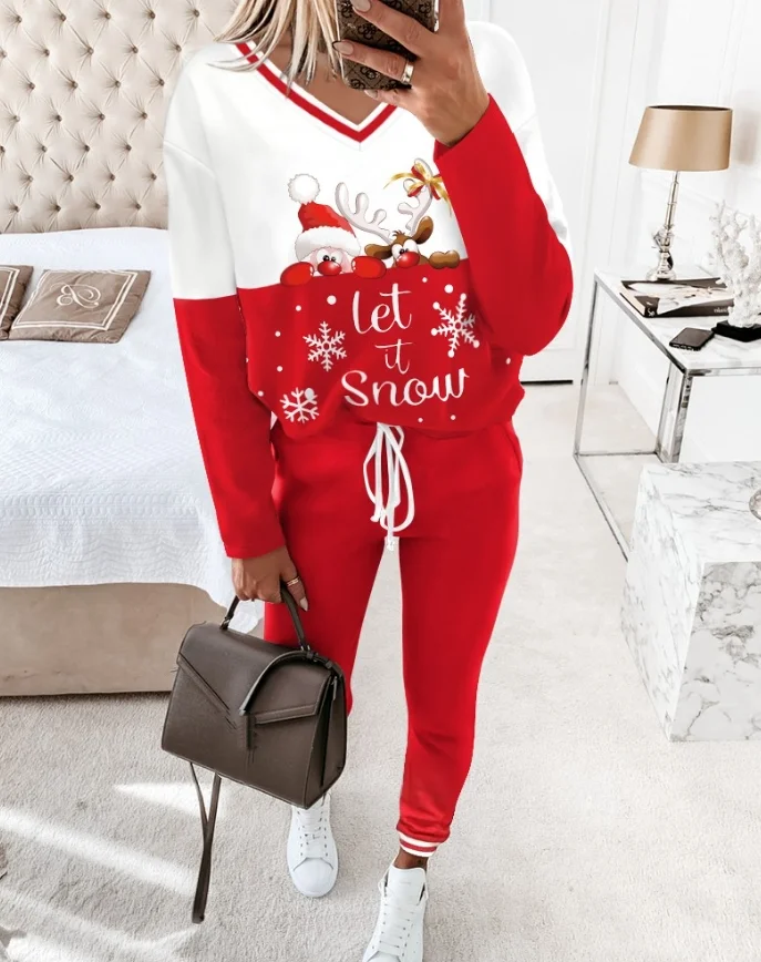 Women's 2 Piece Christmas Cartoon Santa Slaus Reindeer Let It Snow Print Long Sleeve Top Stretchy Waist Tracksuit Set