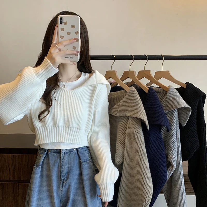 Rimocy Turn Down Collar Cropped Sweater Women Autunm Winter Long Sleeve Knitted Jumper Woman Korean Style Solid Color Jerseys