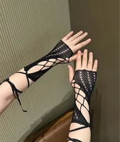 Lace cross tie sleeve gloves for women's fingerless fishing net gloves, summer sun protection party wedding gloves