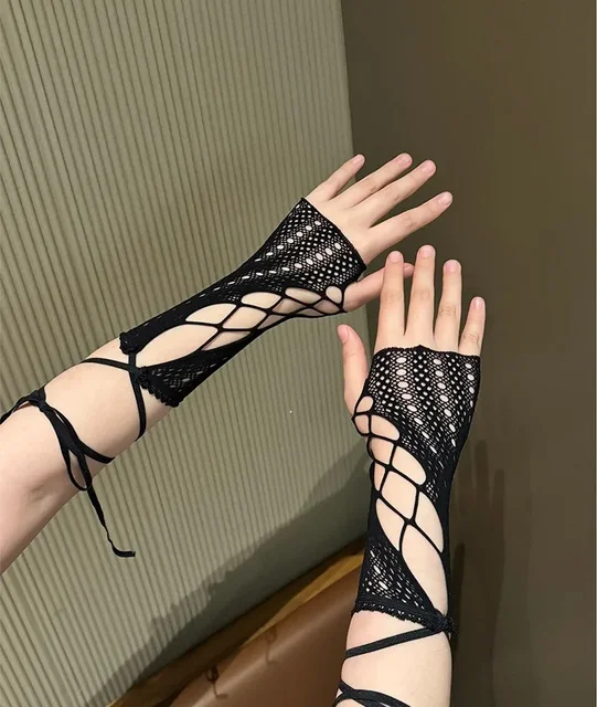 Lace cross tie sleeve gloves for women's fingerless fishing net gloves, summer sun protection party wedding gloves