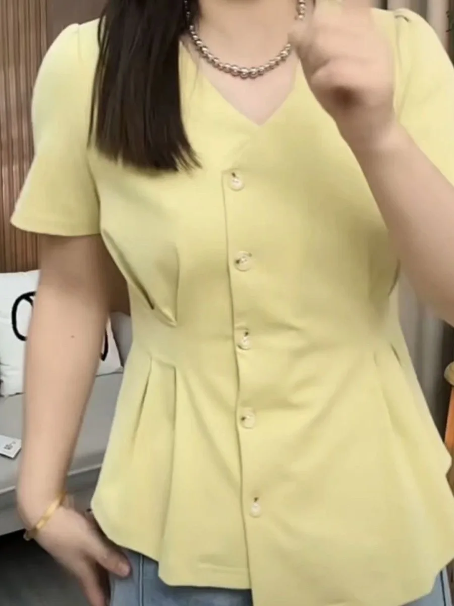 

plus Size Women's T-Shirt Slim Fit Short Sleeve V-Neck Waist-Cinching Belly- Concealing Summer New Style Elegant Loose Top