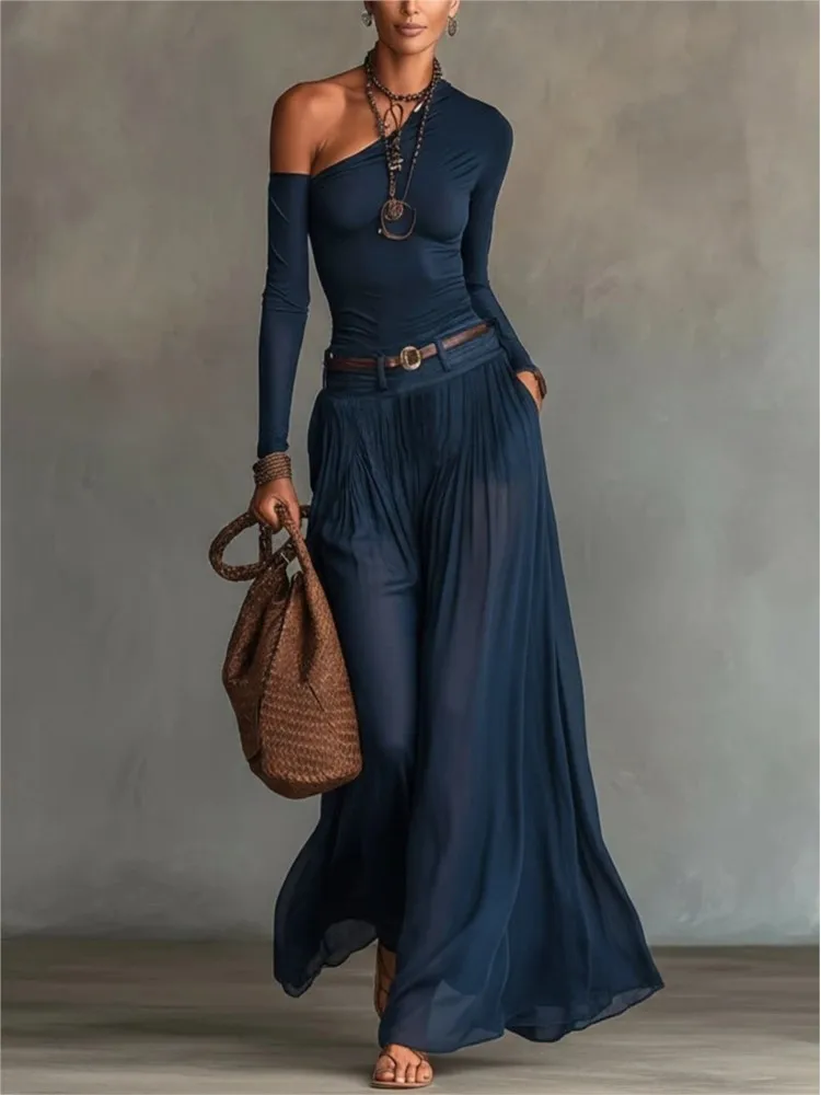 Women Solid 2 Piece Set Summer Fashion New Off Shoulder Long Sleeve Slim Top High Waist Belted Sheer Pleated Long Skirt Suit