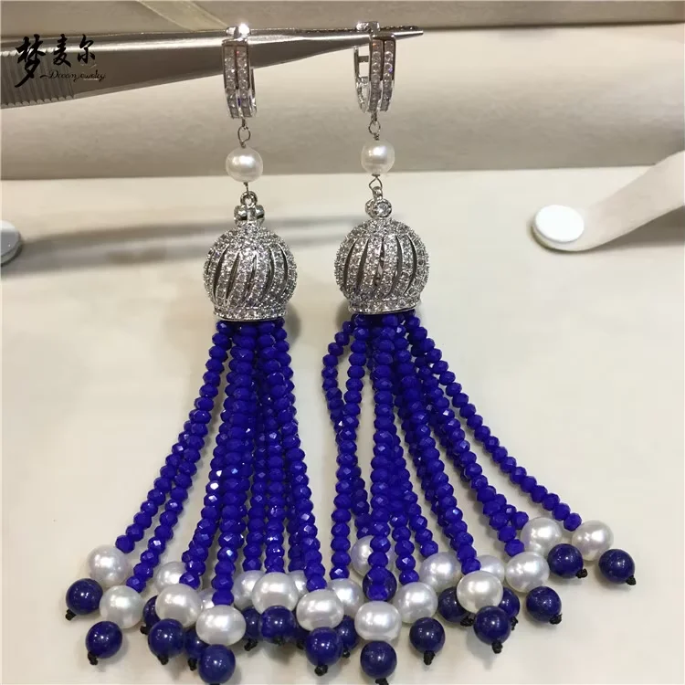 Natural Faceted Round Blue Lapis Lazuli Gems Stone CZ Paved  Silver  Plated Earrings