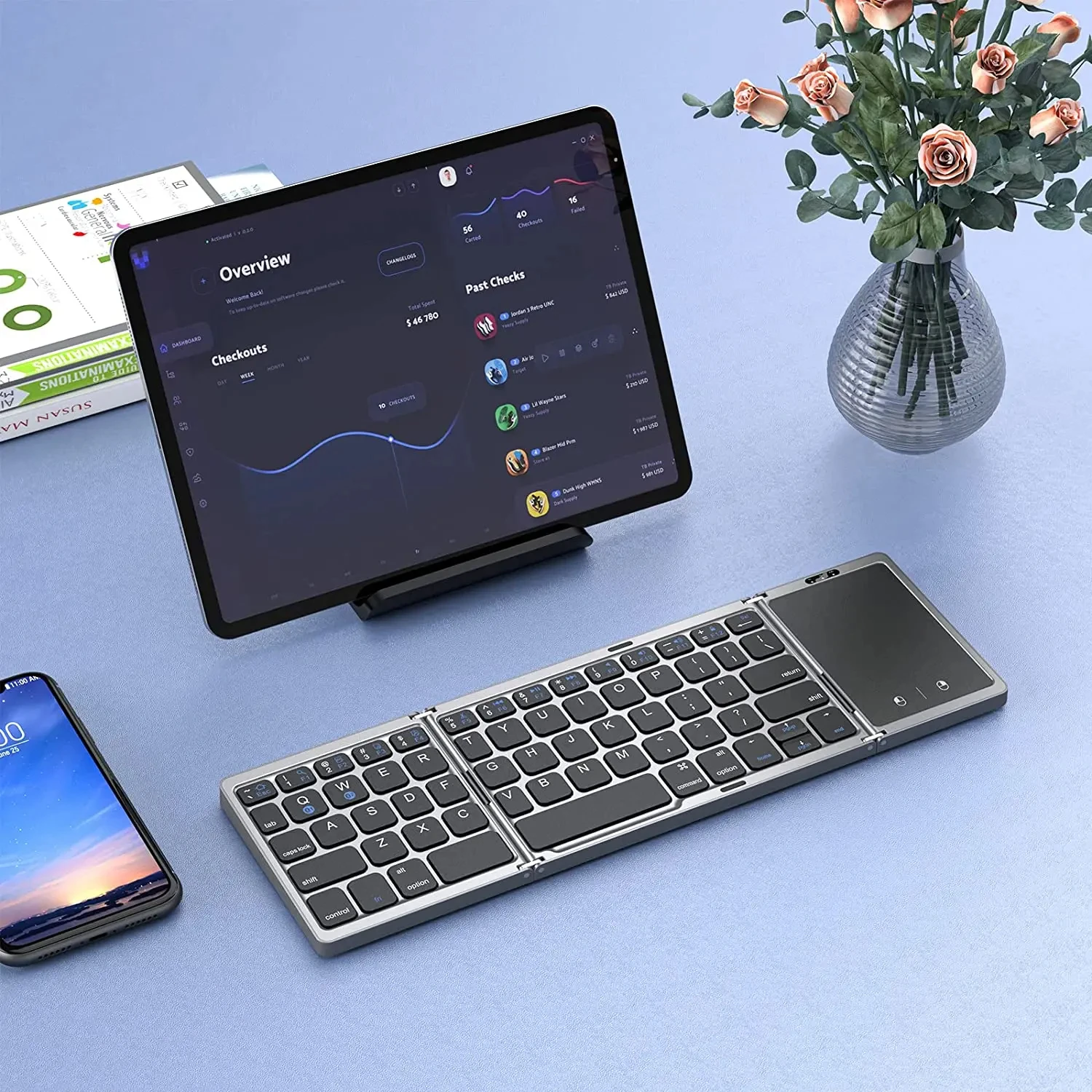 KEBIDUMEI Bluetooth Tri-Foldable Keyboard Rechargeable Mini Keyboard with Touchpad Mute Office Keypad PC Accessories for Windows