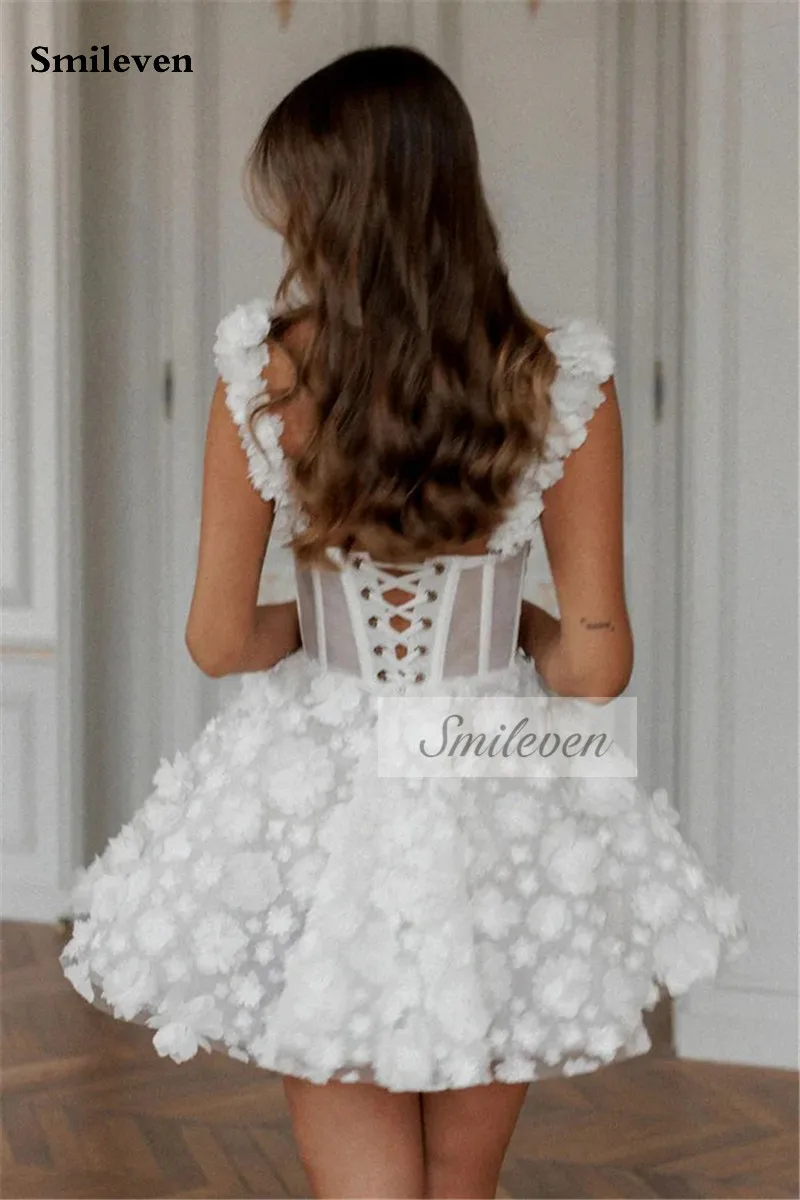 Smileven Short Wedding Dress A Line 3D Flowers Lace Bride Dresses Spaghetti  Strap Vestido de novia 2024 Wedding Gowns